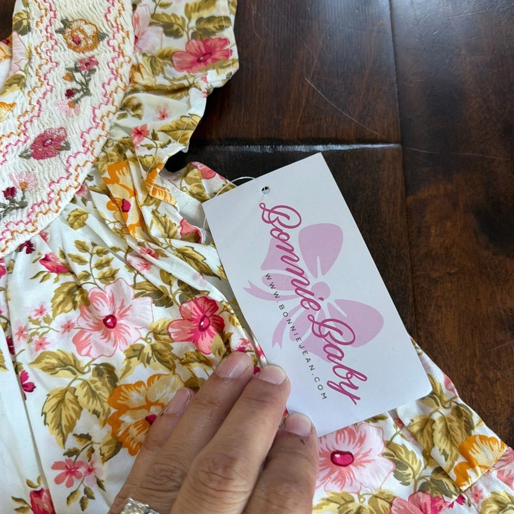 Bonnie Baby Floral Smocked Tiered Cotton Dress Ivory Pink 18 Months Embroidered